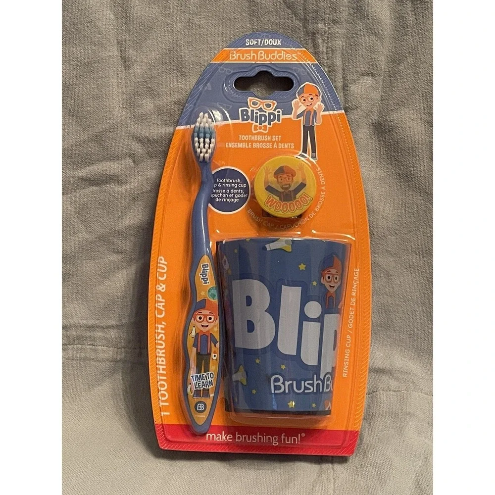 NEW Kid's Blippi Brush Buddies Soft Toothbrush, Cup,‎ Flossers, & Cap Set